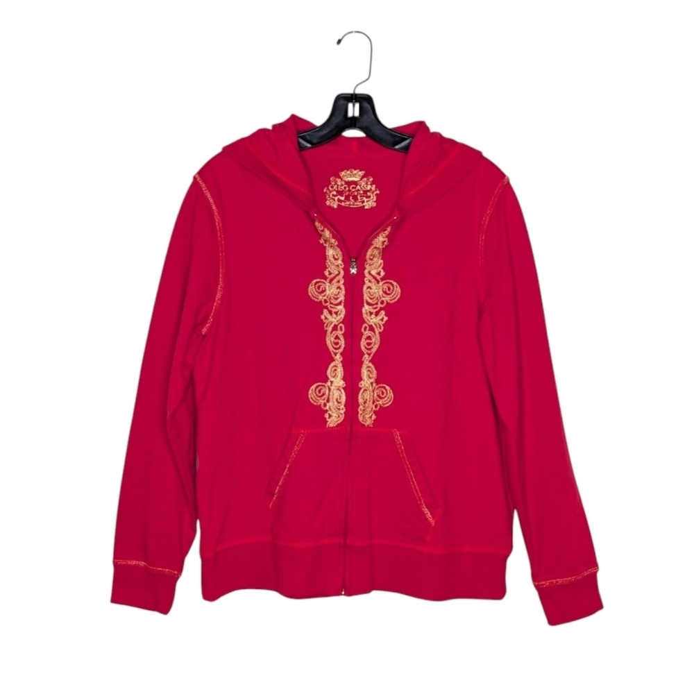 Vintage Y2K Oleg Cassini Red Gold Embroidered Zip Hoodie Size L